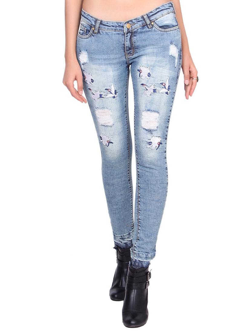 embroidered distressed frayed jeans