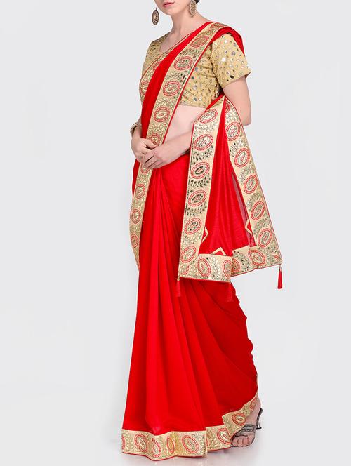 contrast embroidered border red saree with blouse - 15469463 - Standard Image - 1