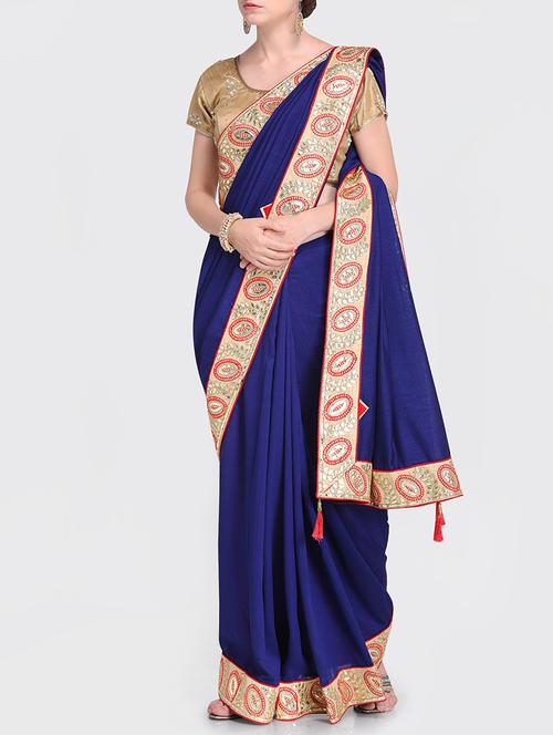 contrast embroidered border navy blue saree with blouse - 15469464 - Standard Image - 1