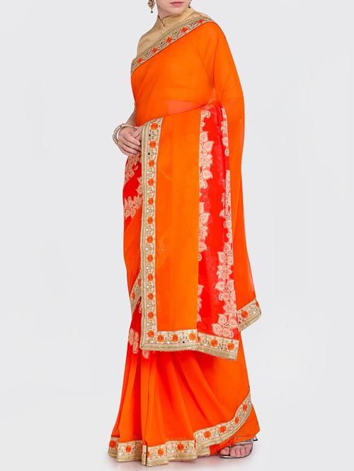embroidered border brasso orange saree with blouse - 15469475 - Standard Image - 1