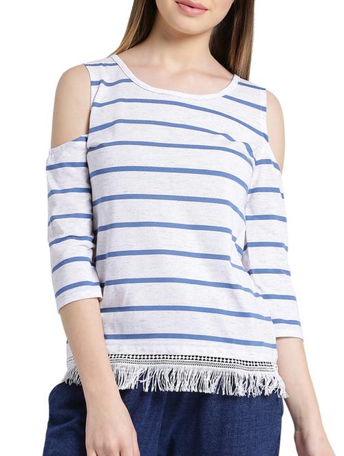 light blue stripes cold shoulder lace detail top - 15471228 - Standard Image - 1