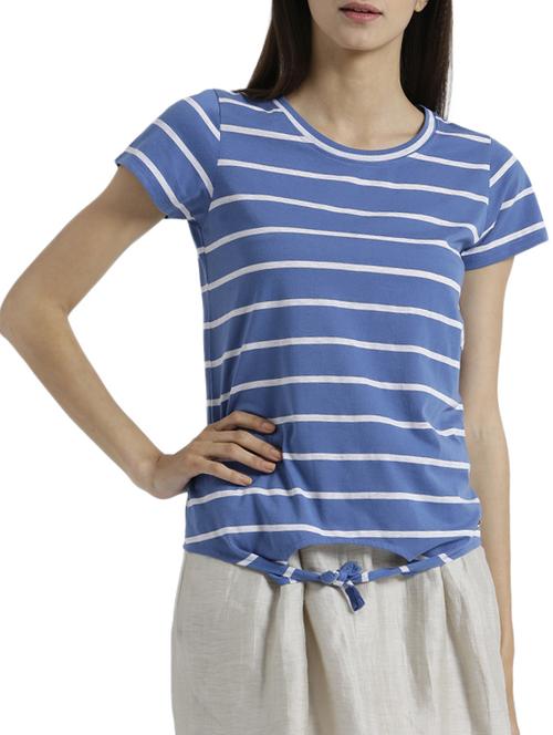 short sleeved striped top with tie up front - 15471271 - Standard Image - 1