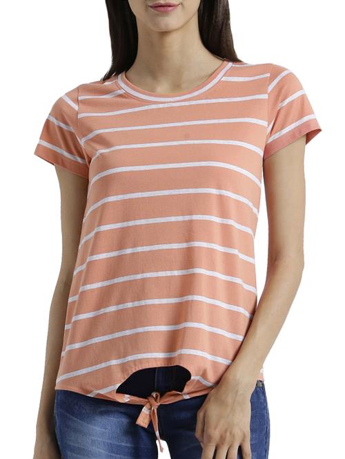 peach short sleeved striped top with tie up front - 15471272 - Standard Image - 1