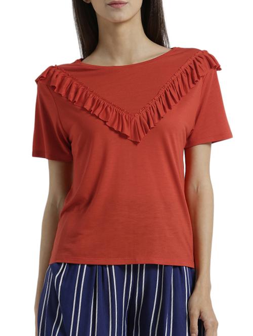 rust short sleeved ruffle detail top - 15471275 - Very Small Image - 1