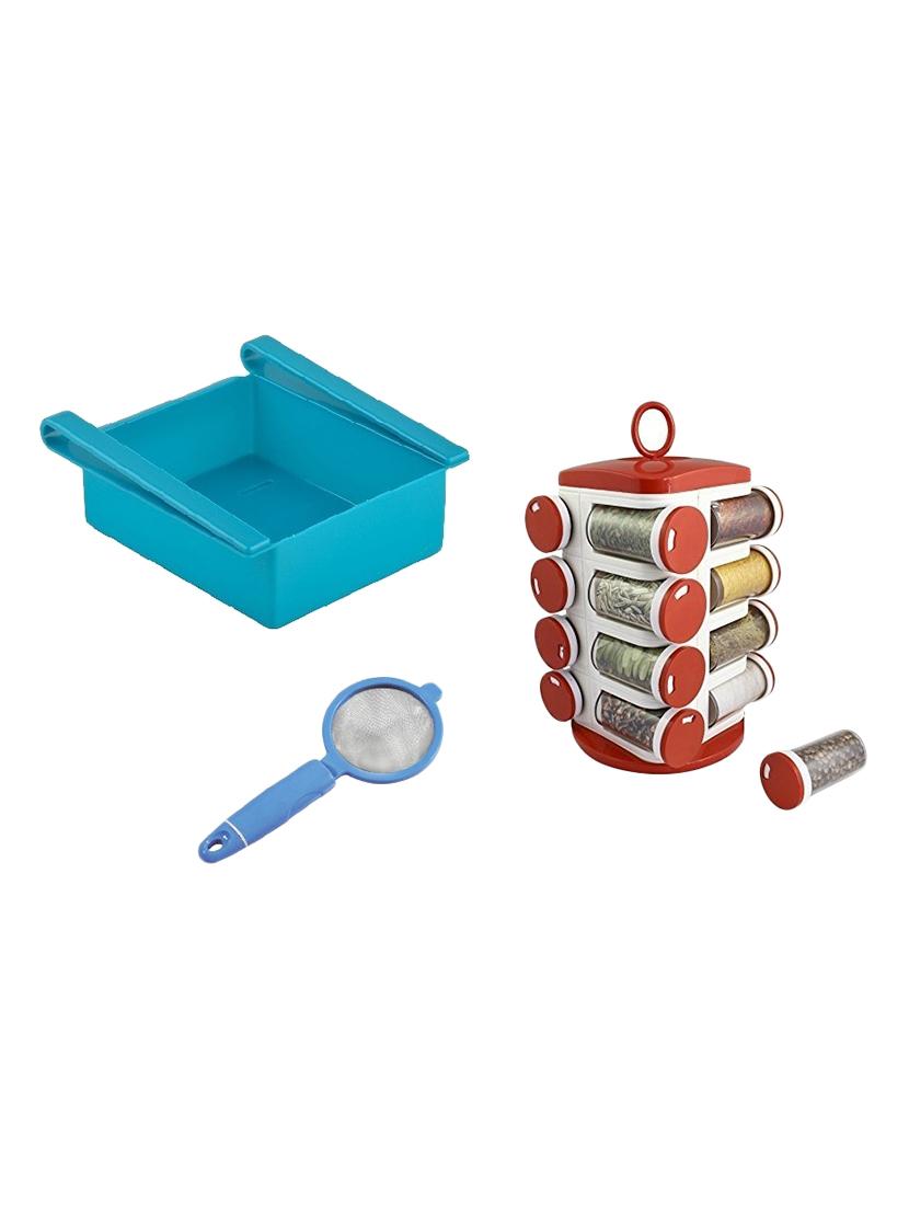 16 jar revolving masala rack spice jar + multipurpose fridge tray storage + milk tea coffee strainer - 15474095 - Zoom Image - 1