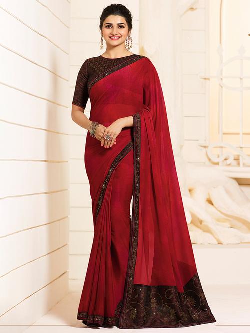 Contrast bordered saree with blouse - 15474956 - Standard Image - 1