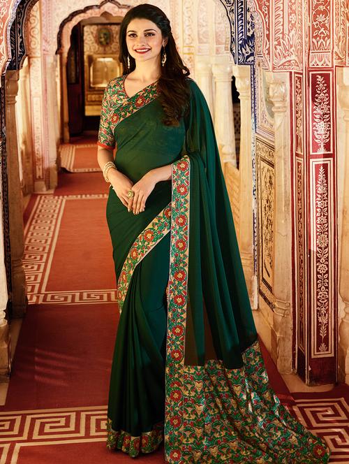 floral printed pallu bottle green saree with blouse - 15475088 - Very Small Image - 1