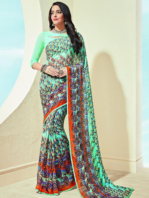 abstract printed turquoise saree with blouse - 15475202 - Standard Image - 1