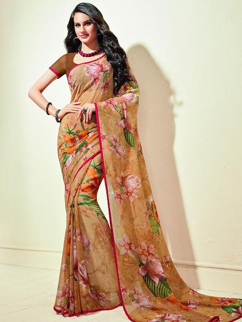 floral printed beige saree with blouse - 15475203 - Standard Image - 1