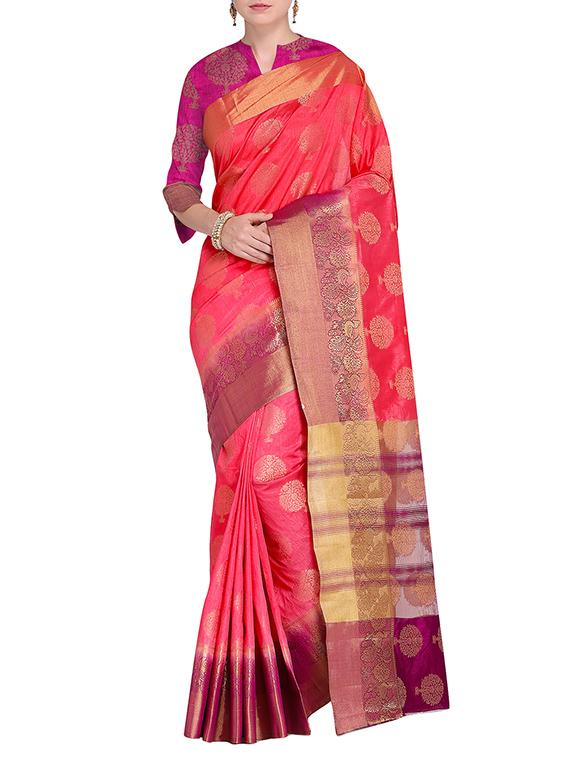 contrast zari motif woven saree with blouse - 15475437 - Zoom Image - 1