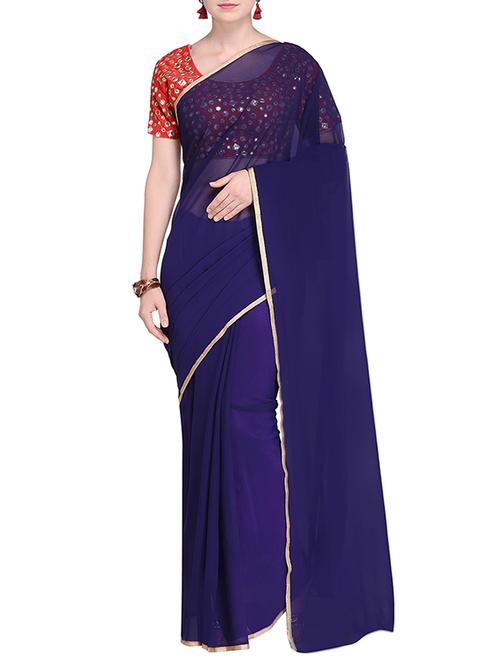lace border navy blue plain saree with blouse - 15475438 - Standard Image - 1