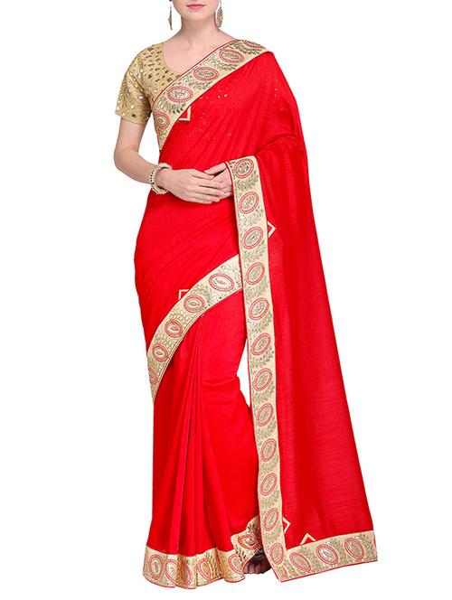 contrast embroidered border red saree with blouse - 15475444 - Standard Image - 1
