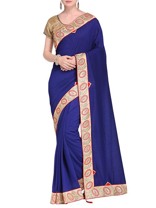 contrast embroidered border navy blue saree with blouse - 15475445 - Standard Image - 1