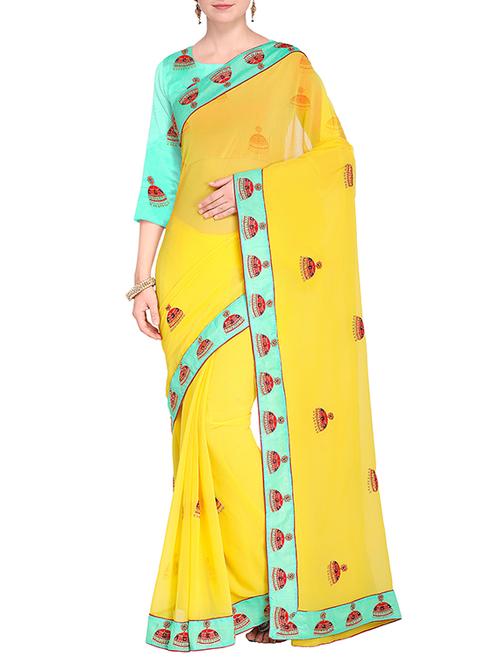 conversational embroidered yellow saree with blouse - 15475446 - Standard Image - 1