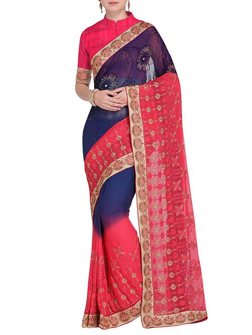 contrast border thread embroidered saree with blouse - 15475447 - Standard Image - 1