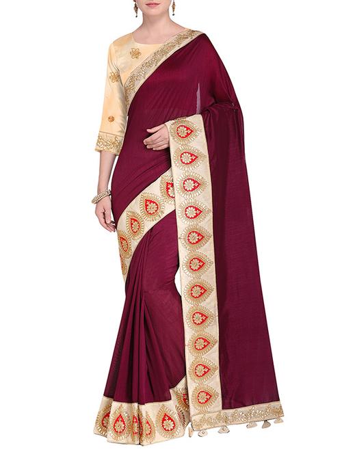 contrast embroidered border maroon saree with blouse - 15475448 - Standard Image - 1