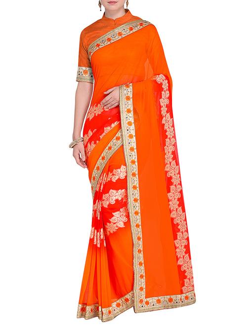 embroidered border brasso orange saree with blouse - 15475456 - Standard Image - 1
