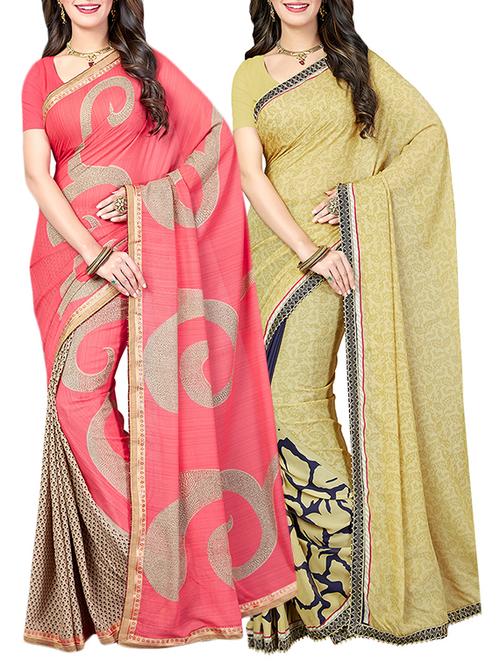 (pack of 2) multicolor georgette printed saree combo with blouse - 15475808 - Standard Image - 1
