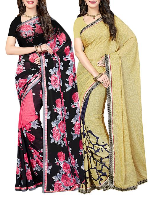 (pack of 2) multicolor georgette printed saree combo with blouse - 15475816 - Standard Image - 1