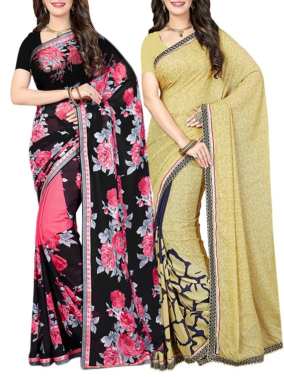 (pack of 2) multicolor georgette printed saree combo with blouse - 15475816 - Zoom Image - 1