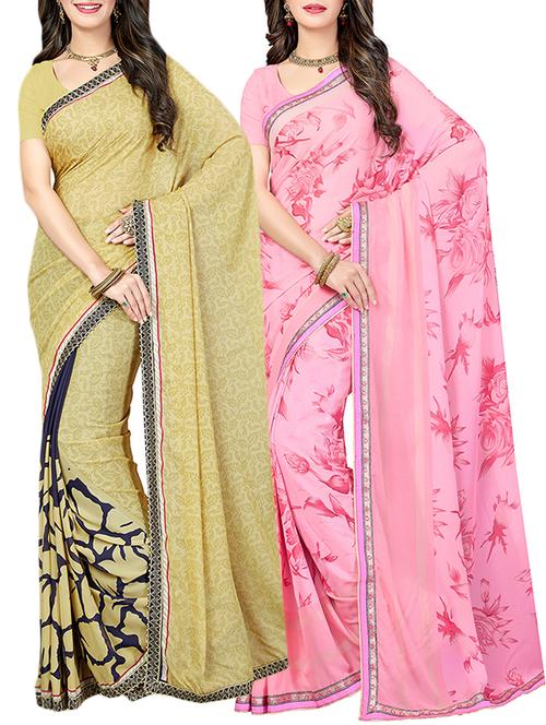 (pack of 2) multicolor georgette printed saree combo with blouse - 15475818 - Standard Image - 1