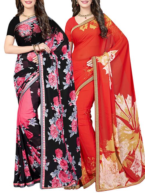 (pack of 2) multicolor georgette printed saree combo with blouse - 15475827 - Standard Image - 1