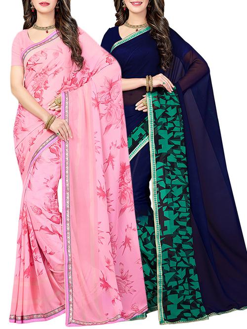 (pack of 2) multicolor georgette printed saree combo with blouse - 15475833 - Standard Image - 1