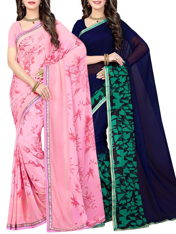 (pack of 2) multicolor georgette printed saree combo with blouse - 15475833 - Zoom Image - 1
