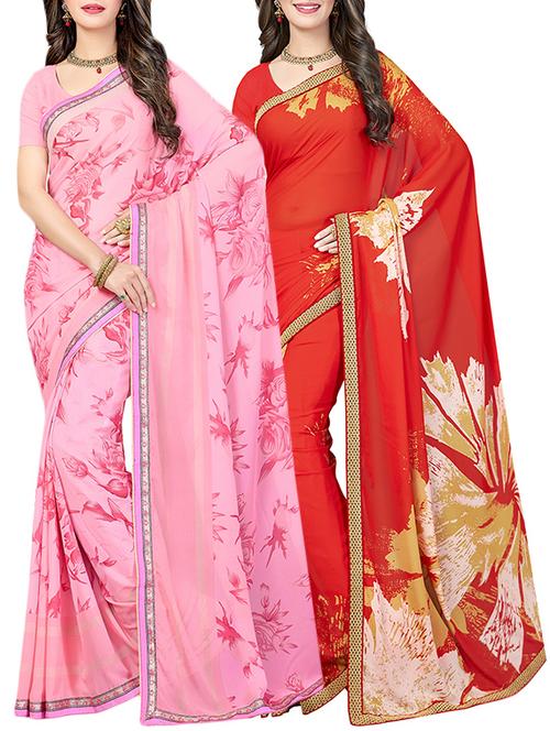 (pack of 2) multicolor georgette printed saree combo with blouse - 15475835 - Standard Image - 1
