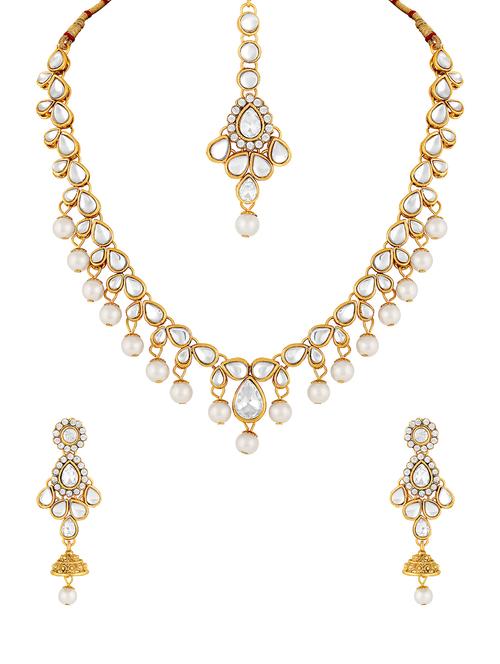white gold tone necklace, earrings & maangteeka set - 15476985 - Very Small Image - 1