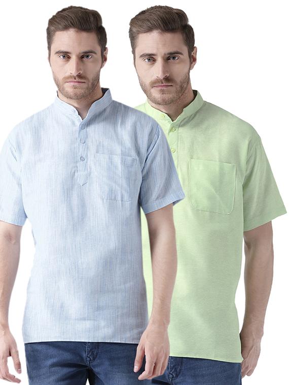 blue and green solid khadi short kurta combo - 15477432 - Zoom Image - 1