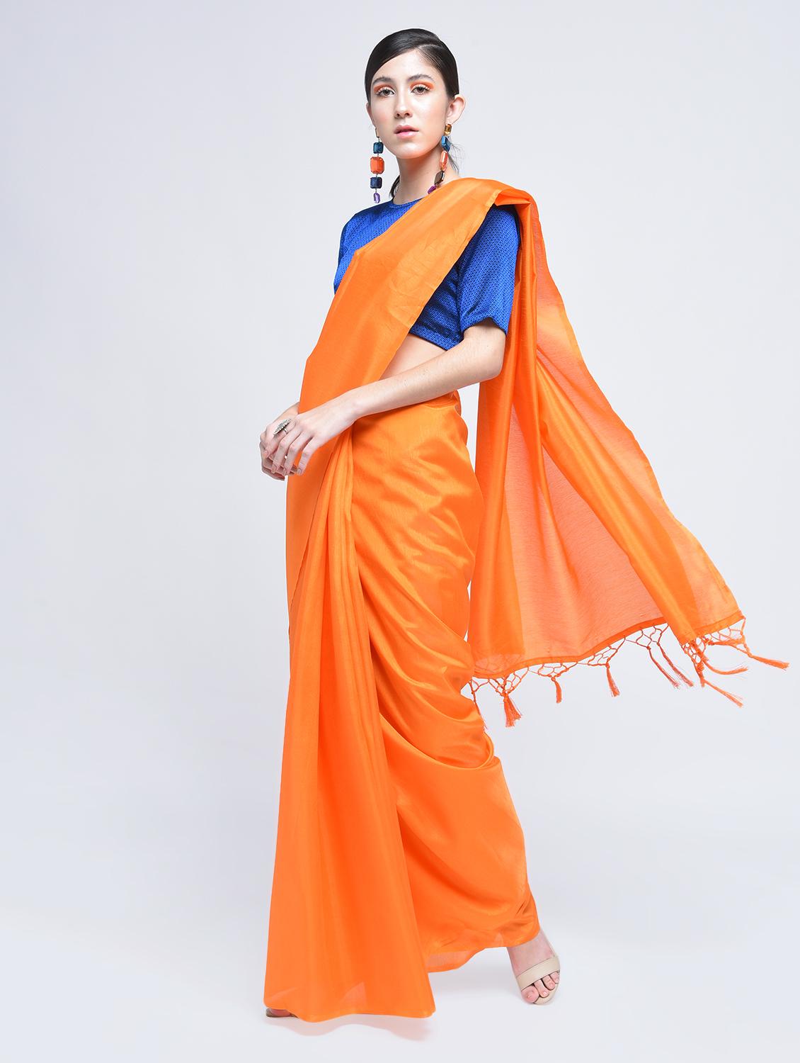 tassels pallu plain orange saree with blouse - 15482348 - Zoom Image - 1
