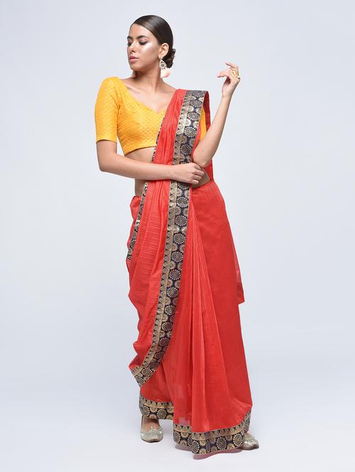 contrast jacquard border saree with blouse - 15482349 - Very Small Image - 1