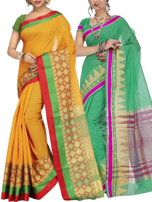set of 2 zari bordered cotton saree with blouse - 15484169 - Standard Image - 1