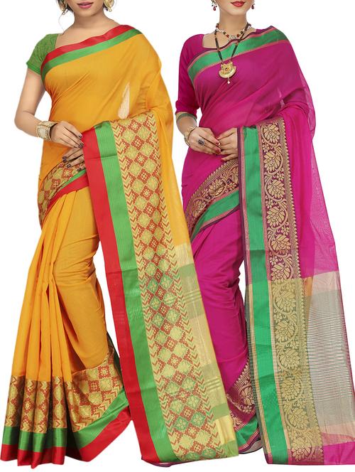 set of 2 zari bordered cotton saree with blouse - 15484170 - Standard Image - 1