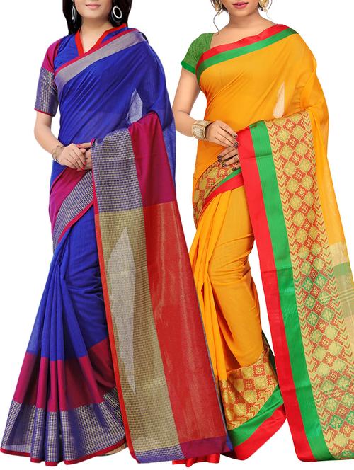 set of 2 zari bordered cotton saree with blouse - 15484171 - Standard Image - 1