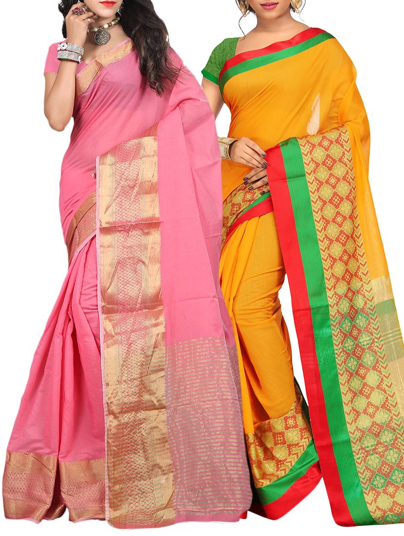 set of 2 zari bordered cotton saree with blouse - 15484172 - Zoom Image - 1