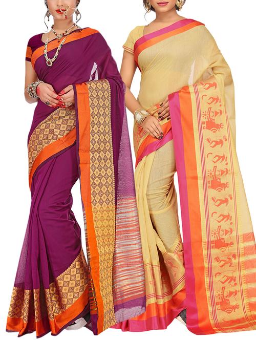 set of 2 zari bordered cotton saree with blouse - 15484178 - Standard Image - 1