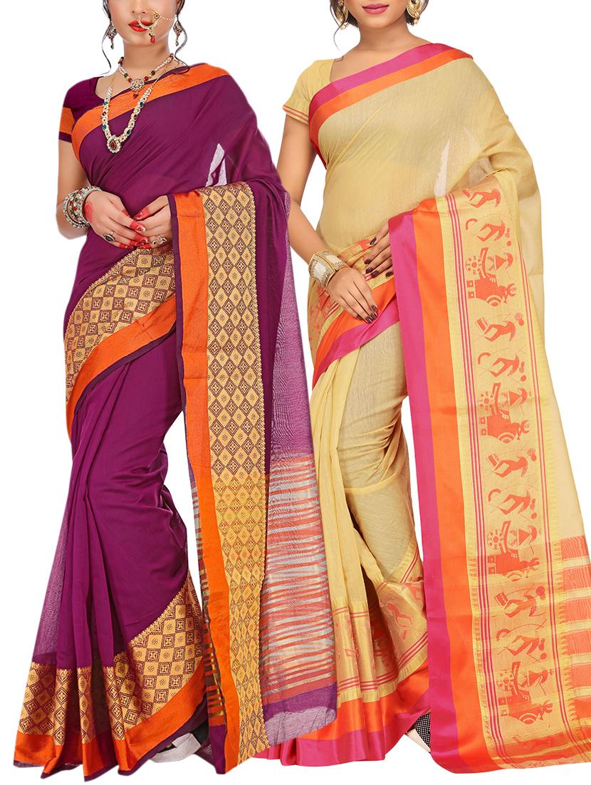 set of 2 zari bordered cotton saree with blouse - 15484178 - Zoom Image - 1