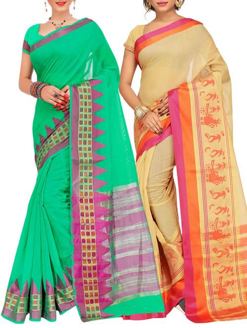 set of 2 zari bordered cotton saree with blouse - 15484179 - Standard Image - 1