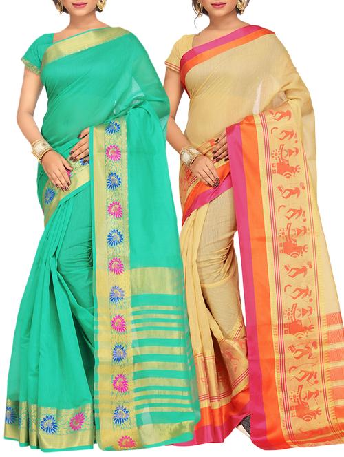 set of 2 zari bordered cotton saree with blouse - 15484180 - Standard Image - 1