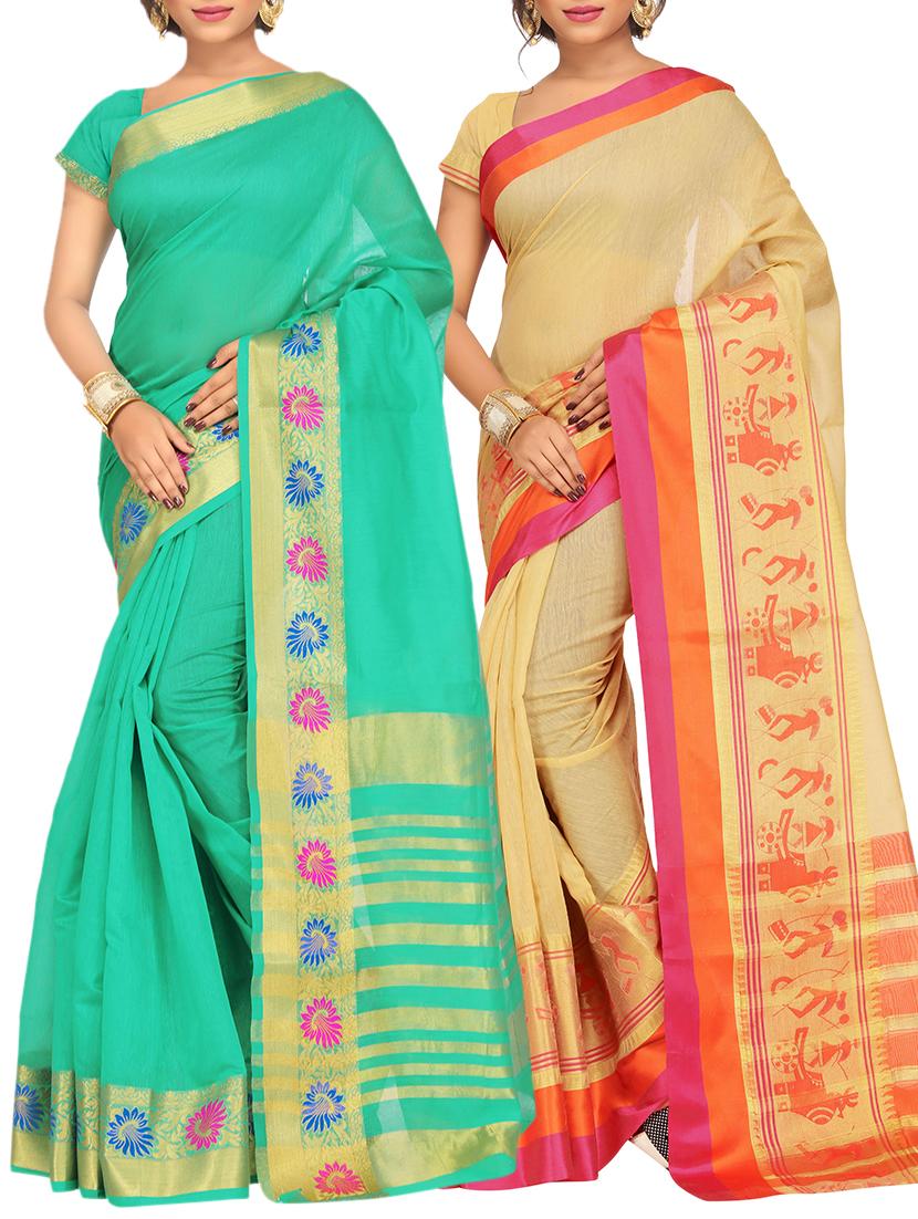 set of 2 zari bordered cotton saree with blouse - 15484180 - Zoom Image - 1