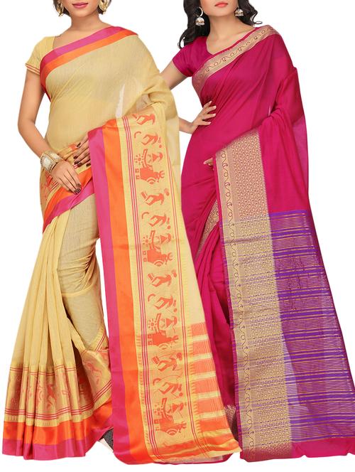 set of 2 zari bordered cotton saree with blouse - 15484181 - Standard Image - 1