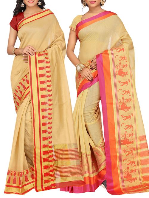 set of 2 zari bordered cotton saree with blouse - 15484185 - Standard Image - 1