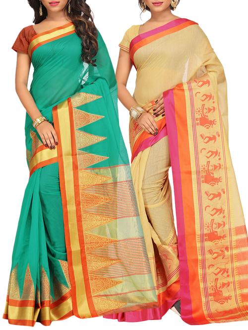 set of 2 zari bordered cotton saree with blouse - 15484186 - Standard Image - 1
