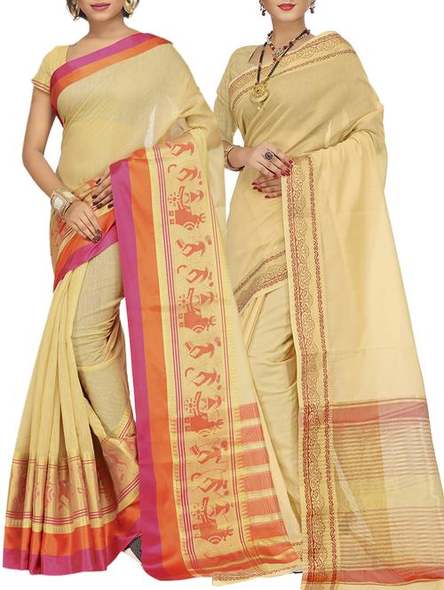 set of 2 zari bordered cotton saree with blouse - 15484188 - Standard Image - 1