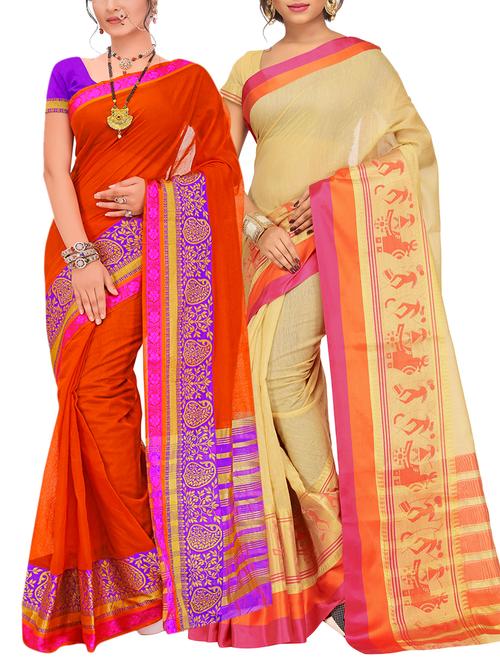 set of 2 zari bordered saree with blouse - 15484190 - Standard Image - 1