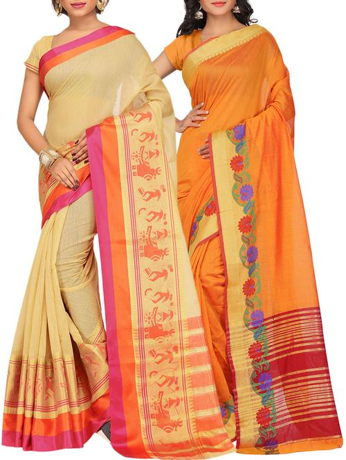 set of 2 zari bordered saree with blouse - 15484192 - Standard Image - 1