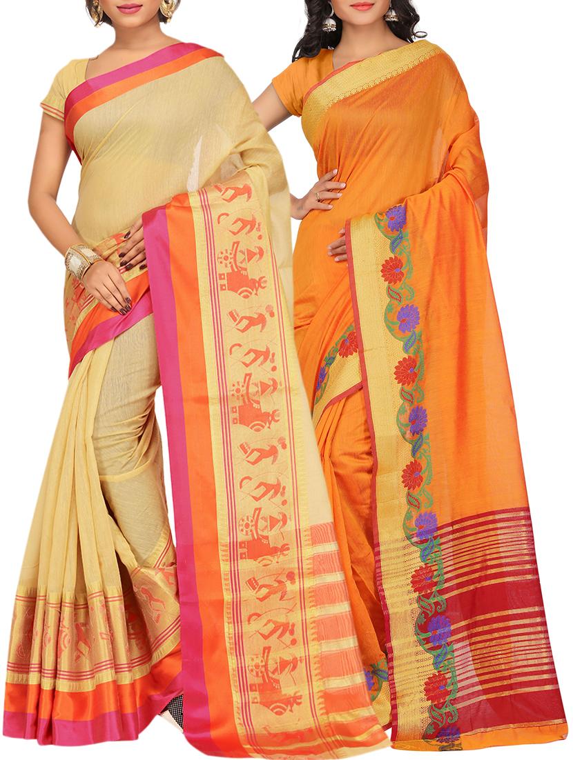 set of 2 zari bordered saree with blouse - 15484192 - Zoom Image - 1