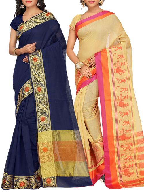 set of 2 zari bordered saree with blouse - 15484193 - Standard Image - 1